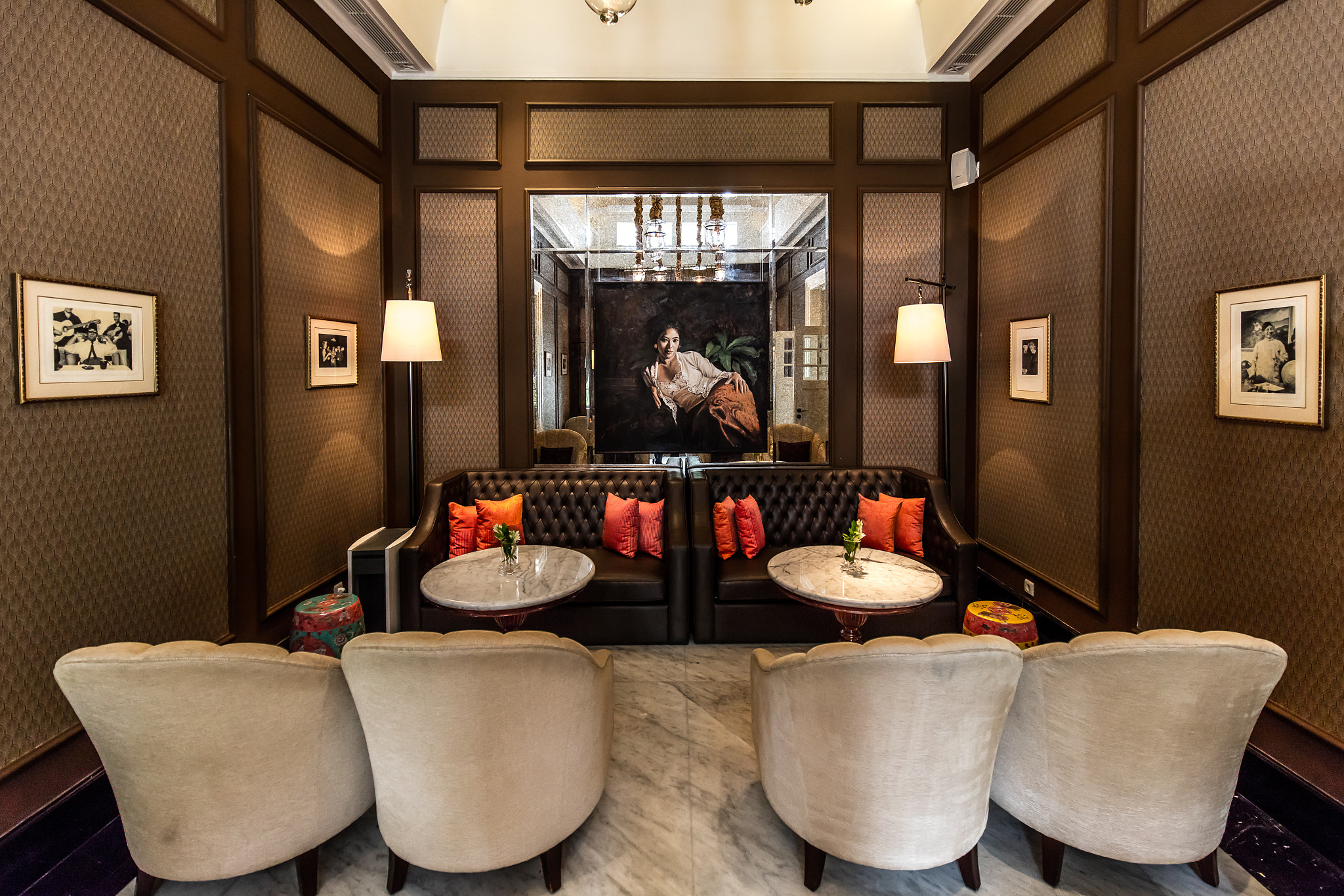 Dark dining room with amber lighting